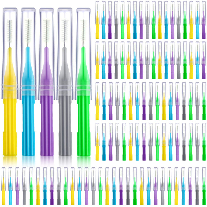 100 Pieces Interdental Brush Toothpick Dental Tooth Flossing Head Oral Dental Hygiene Interdental Brush Dental Flosser Toothpick Cleaners Tooth Cleaning Tool (Light Blue, Yellow, Gray, Purple, Green)