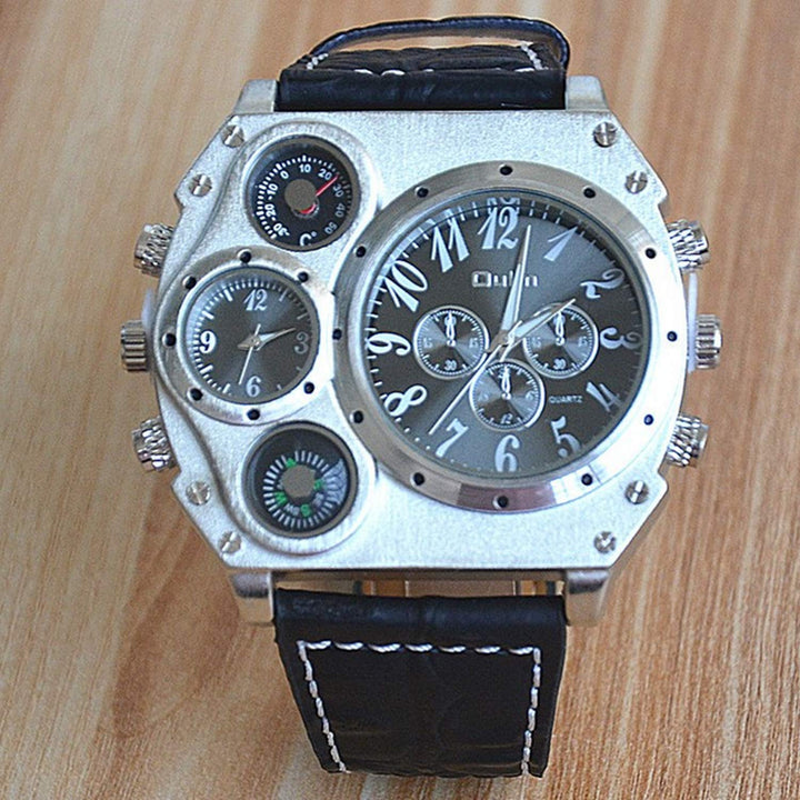 Mens Big Face Watch, Dual Time Zone Leather Strap Sport Watch, Analog Quartz Wrist Watch with Decorative Compass Thermometer Dial