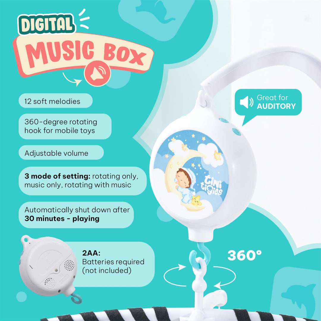 EVERLOVE Montessori Mobile Baby for Crib (TINITIGIES) - Digital Music Box with 12 lullabies &amp; 3 Modes (Rotating only, Music only, Rotating with Music) - Black and White Baby Mobile for Boys &amp; Girls