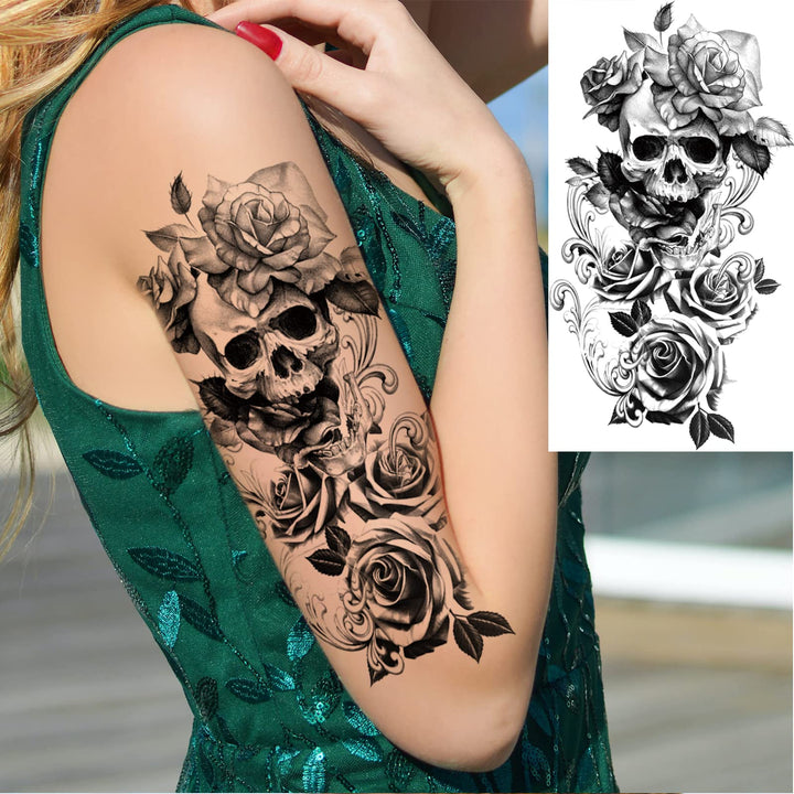 Briyhose 10 Sheets Skull Flower Temporary Tattoos For Women Adult Girl, Large Realistic Skeleton Floral Snake Rose Fake Tattoo Stickers Half Sleeve Arm, Long Lasting Sexy Temp Tatoos Leg Thigh Body