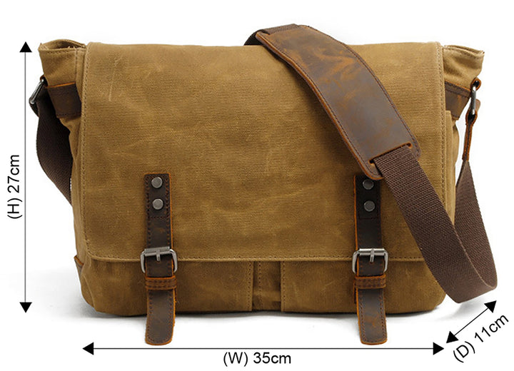 Mens Waxed Canvas Messenger Bag Shoulder Satchel Leather Crossbody Bag for Laptop (M49_Khaki)