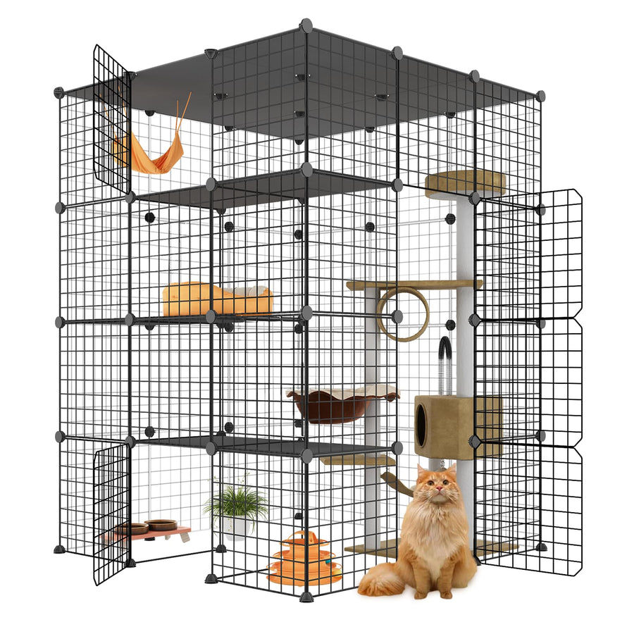 Large Cat Cage, Enclosures Indoor with Balcony, DIY Playpen Detachable Metal Wire Kennels Crate 3x3x4 Large Exercise Place Ideal for 1-3 Cats