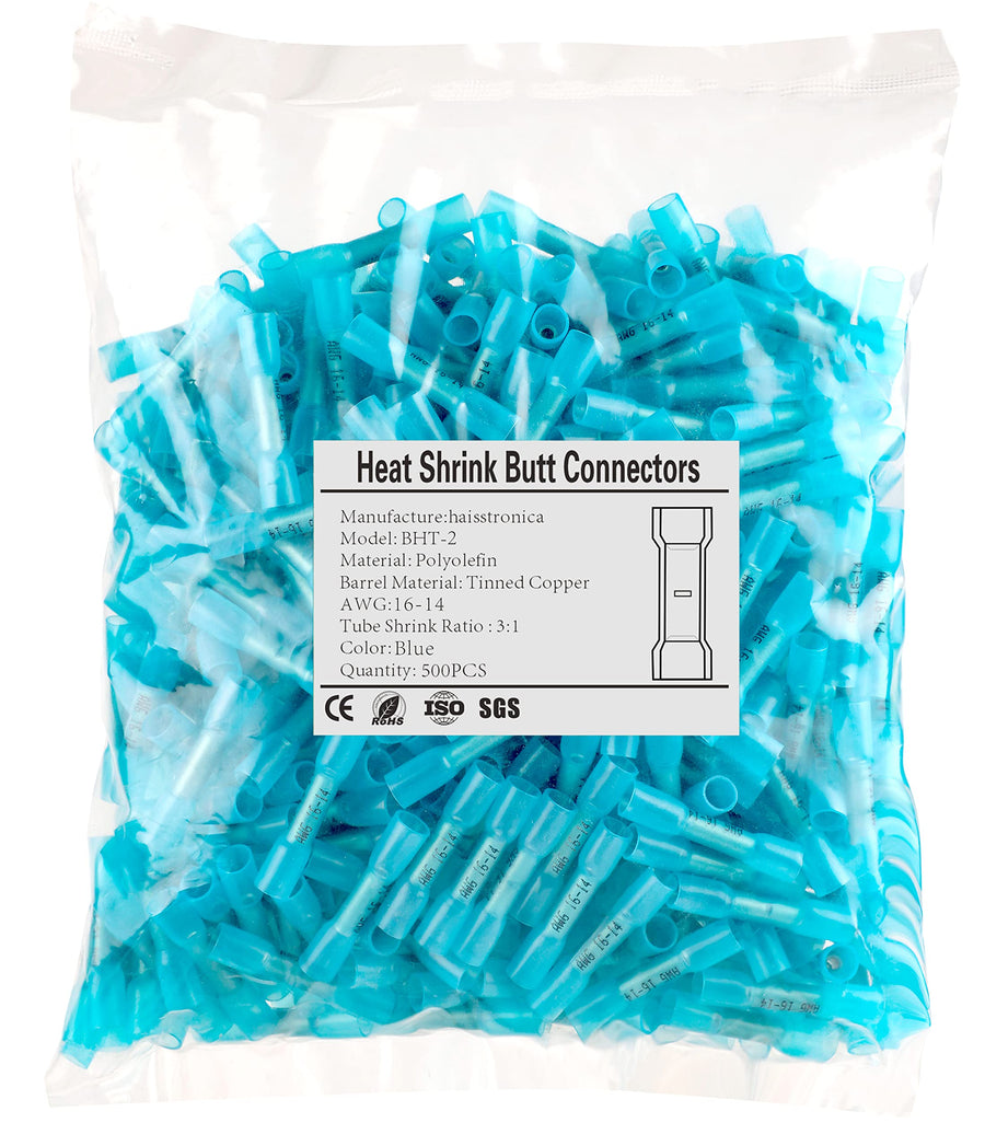 500PCS Blue Heat Shrink Butt Connectors AWG16-14, Marine Grade Heat Shrink Wire Connectors,Tinned Red Copper 0.8mm,Waterproof Insulated Crimp Butt Splice Electrical Connectors