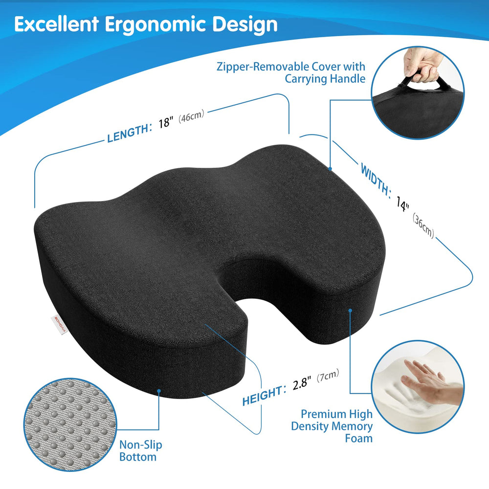 Seat Cushion Pillow for Office Chair, Desk Chair Car Seat Cushion for Tailbone Pain, Memory Foam Coccyx Seat Cushion for Sciatica, Back Pain Relief (Black)