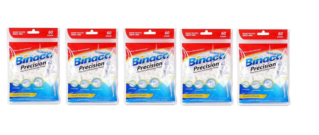 Binaca Precision Floss Picks with Fluoridex Thread 60 pack (Pack of 5) 300 TOTAL FLOSS PICKS