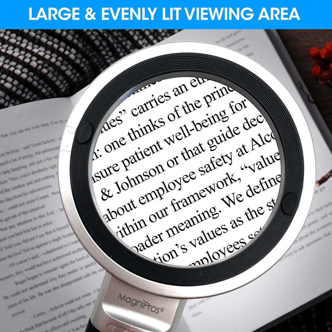 MagniPros Extra Large 10X Magnifying Glass with Detachable Lenses- 3 Color Modes with Self-Standing Non-Slip Ergonomic Handle for Hobbyists, AMD, Reading Fine Print, Seniors