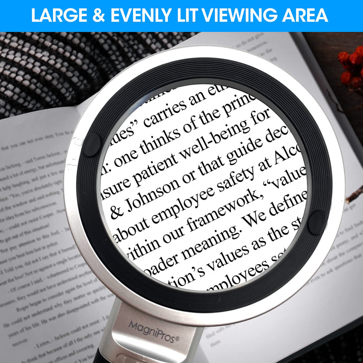 MagniPros Extra Large 10X Magnifying Glass with Detachable Lenses- 3 Color Modes with Self-Standing Non-Slip Ergonomic Handle for Hobbyists, AMD, Reading Fine Print, Seniors