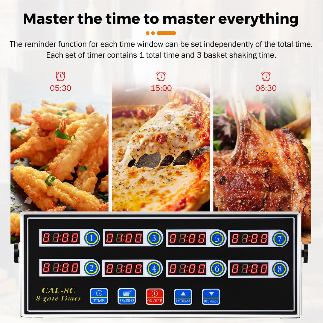 8-Channel Digital Kitchen Timer Commercial Cooking Fryer Reminder Loud Ring Alarm Stainless Steel Adjustable Volume