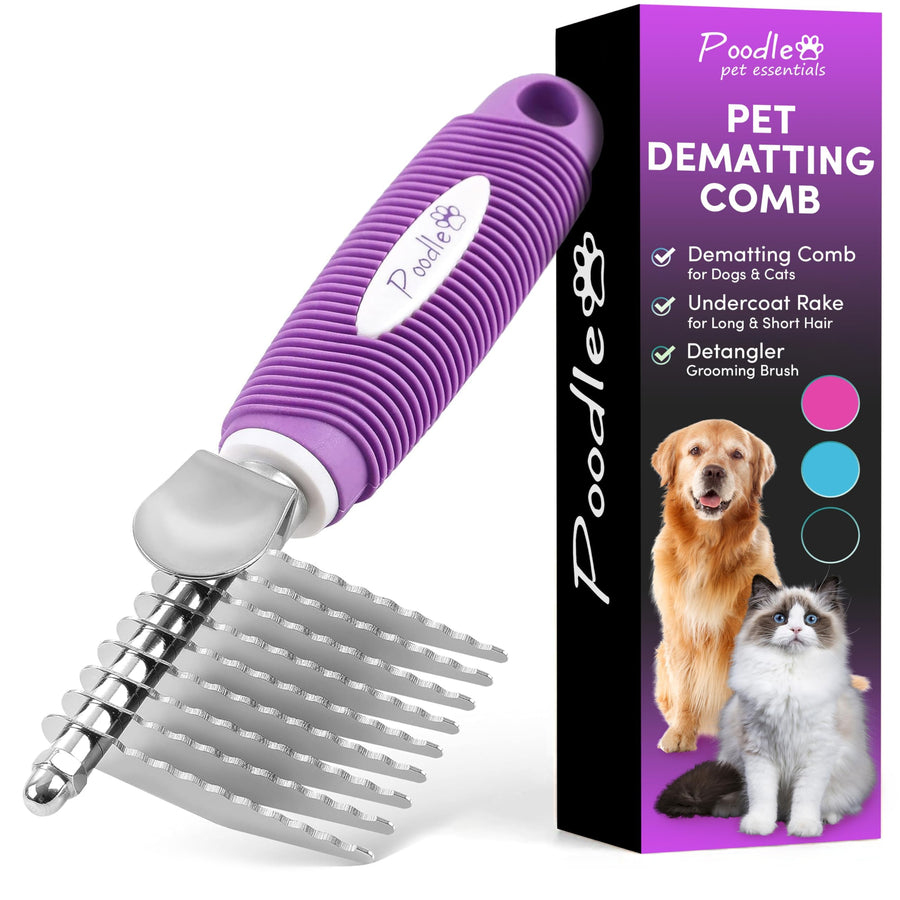 Poodle Dematting Fur Rake Comb Brush for Dogs and Cats - Long 2.5 Steel Safety Blades Metal Comb for Detangling Matted or Knotted Undercoat Hair