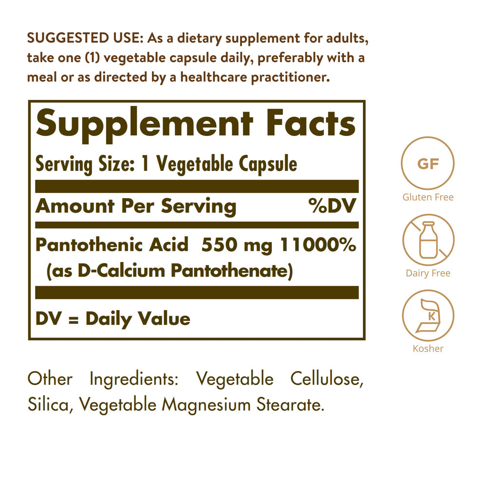 Solgar Pantothenic Acid 550 mg Vegetable Capsules Vitam