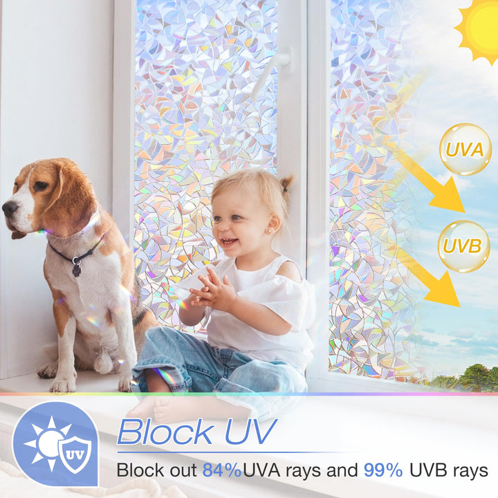 Window Privacy Film, Rainbow Window Film Decorative 3D Window Clings Non Adhesive Window Tint for Home, Stained Glass Window Film for Glass, UV Blocking, 17.5 x 78.7 inches