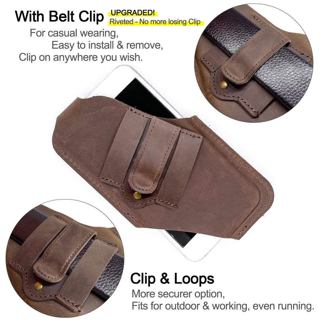 Leather Cell Phone Holster with Belt Clip, Leather Belt Phone Pouch, Universal Leather Phone Case on Belt, Phone Holder for iPhone, Cell Phone Sheath Dark Brown Medium
