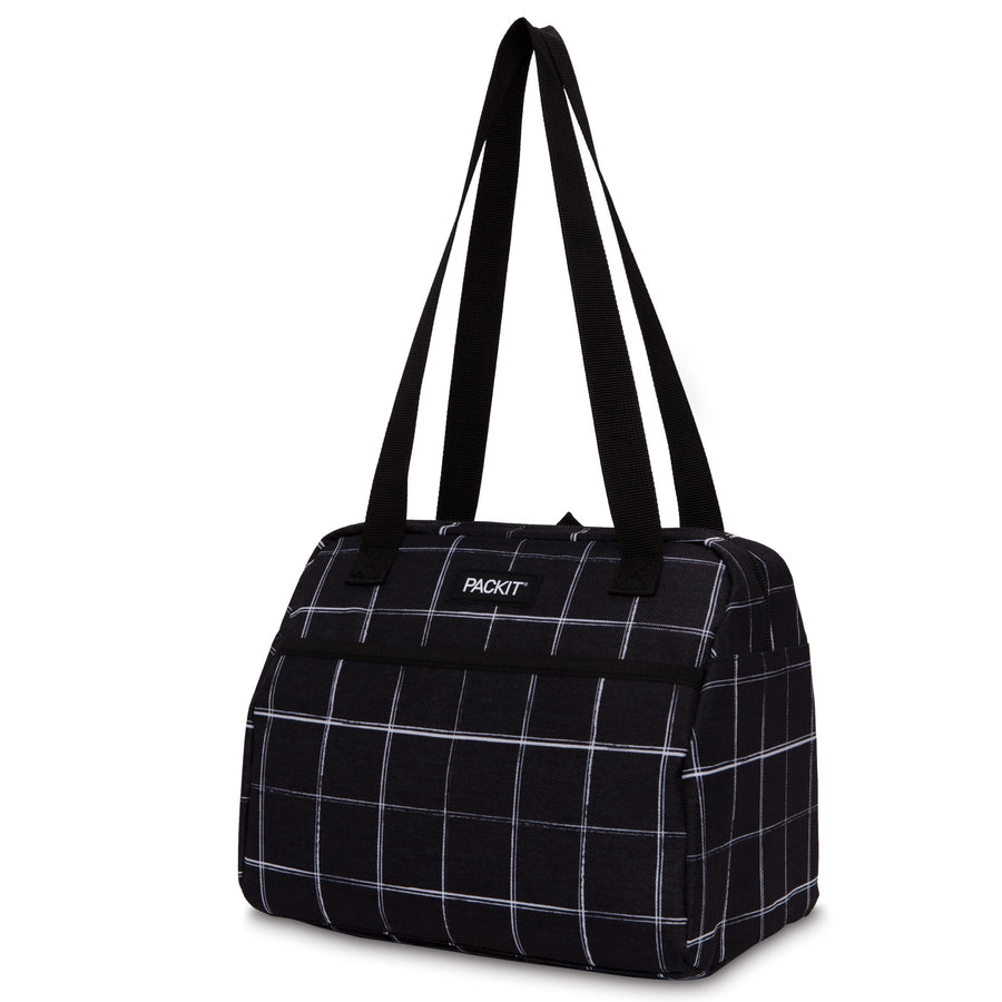 Freezable Hampton Lunch Bag, Black Grid, Built with EcoFreeze Technology, Collapsible, Reusable, Zip Closure with Front Pocket and Shoulder Straps, Perfect for Tweens and Adults