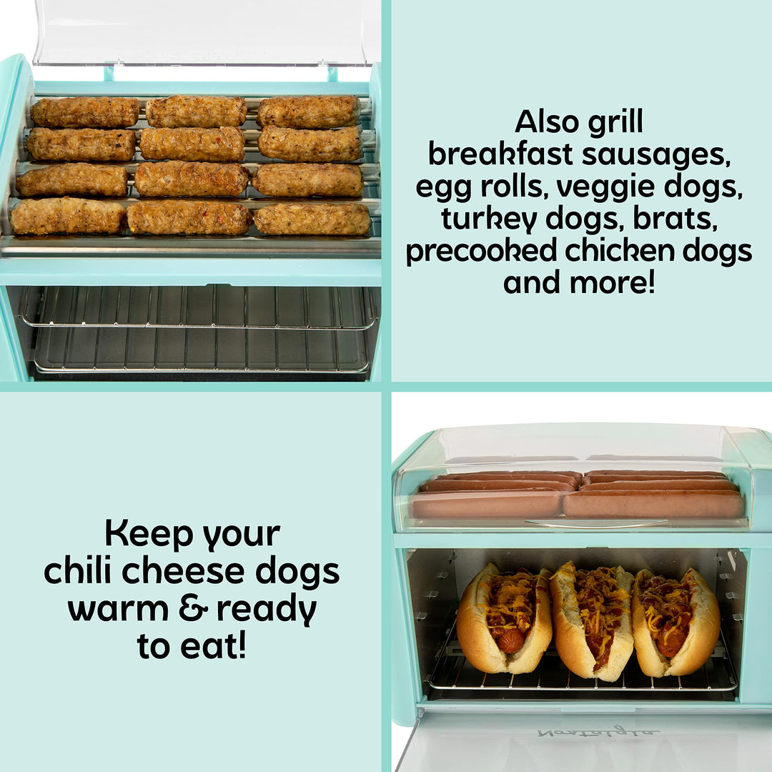 Extra Large 8 Hot Dog Roller &amp; 8 Bun Warmer, Stainless Steel Grill Rollers, Non-stick warming racks, Perfect For Hot Dogs, Egg Rolls, Veggie Dogs, Sausages, Brats, Adjustable Timer, Aqua, 2 Slots