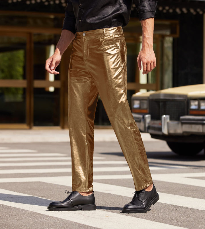 Mens Metallic Shiny Pants Disco Pants 70s Party Dance Night Club Pants Straight Leg Trousers