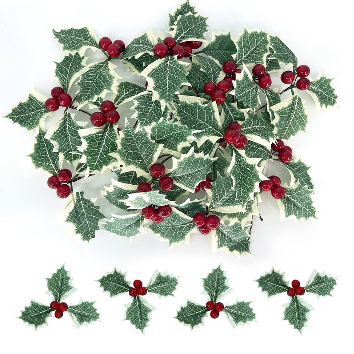 Holly Berries with Green Leaves, 24PCS Artifical Red Holly Berry Flowers for Christmas Tree/Wreath Arrangement Decorations, Red Berry Christmas Picks for Crafts Gifts Wedding Party Decor
