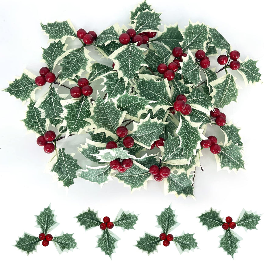Holly Berries with Green Leaves, 24PCS Artifical Red Holly Berry Flowers for Christmas Tree/Wreath Arrangement Decorations, Red Berry Christmas Picks for Crafts Gifts Wedding Party Decor