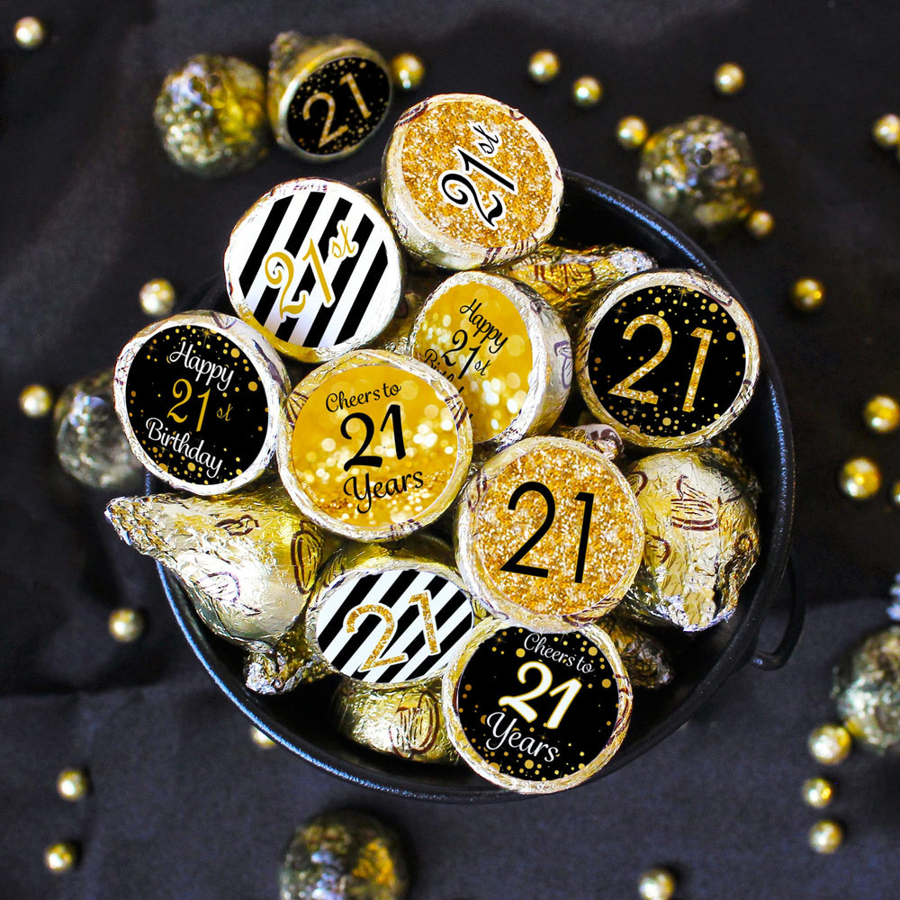 21st Birthday Party Favor Stickers - Black and Gold (324 Count)