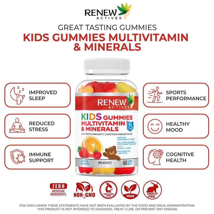 Renew Actives Kids Multivitamin 4 Gummies per Serving – Supports Health, Hair, Skin, Nails, Eyesight, Strong Bones, Teeth & Gums – Tasty & Nutrient-Rich for Growing Kids – Made in Canada – 60 Gummies