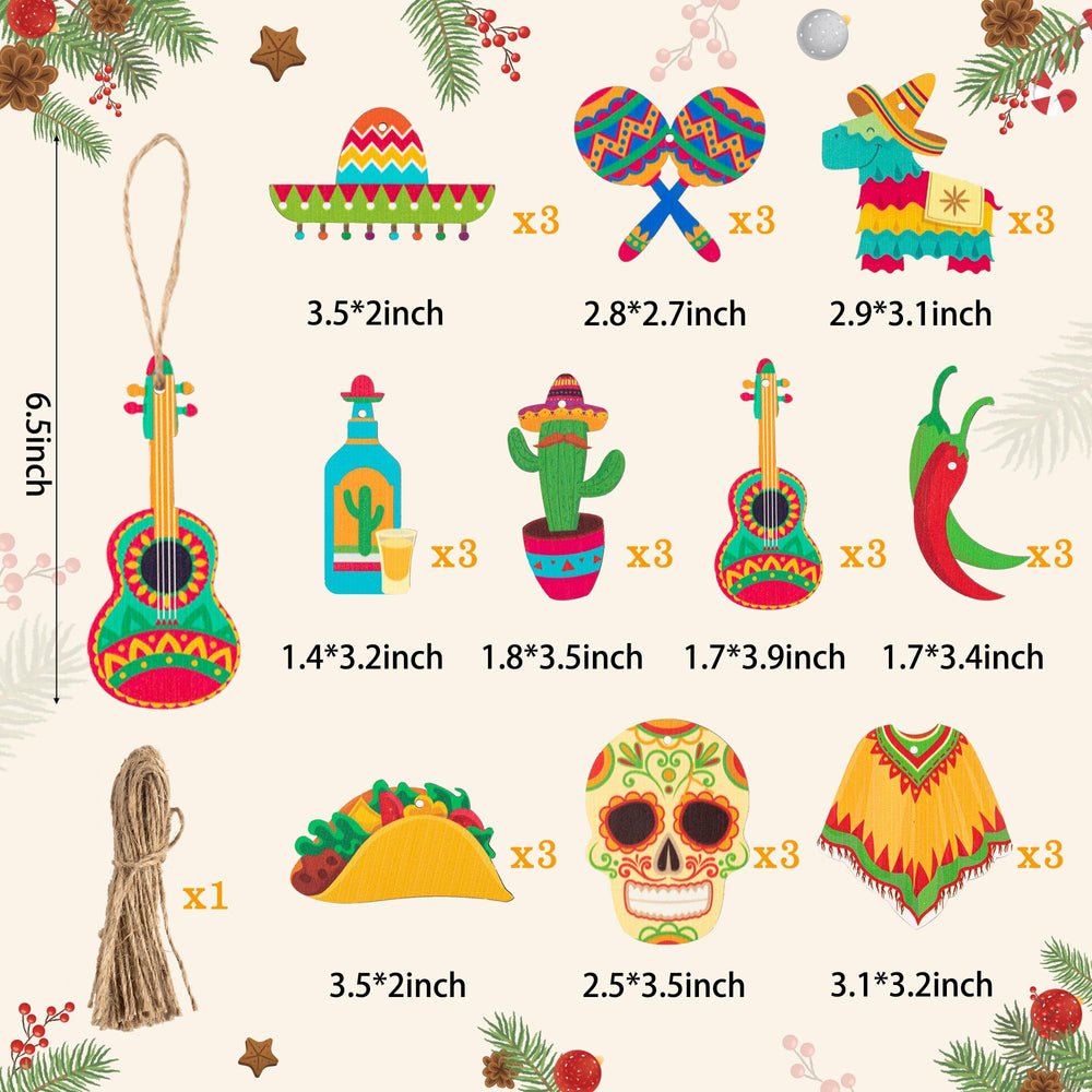 31Pcs Mexica Fiesta Cinco De Mayo Wooden Ornaments Hanging Decoration Mexican Cactus Sombrero Guitar Pendants Tags Tree Decor for Taco Bout Birthday Baby Shower Party Supplies