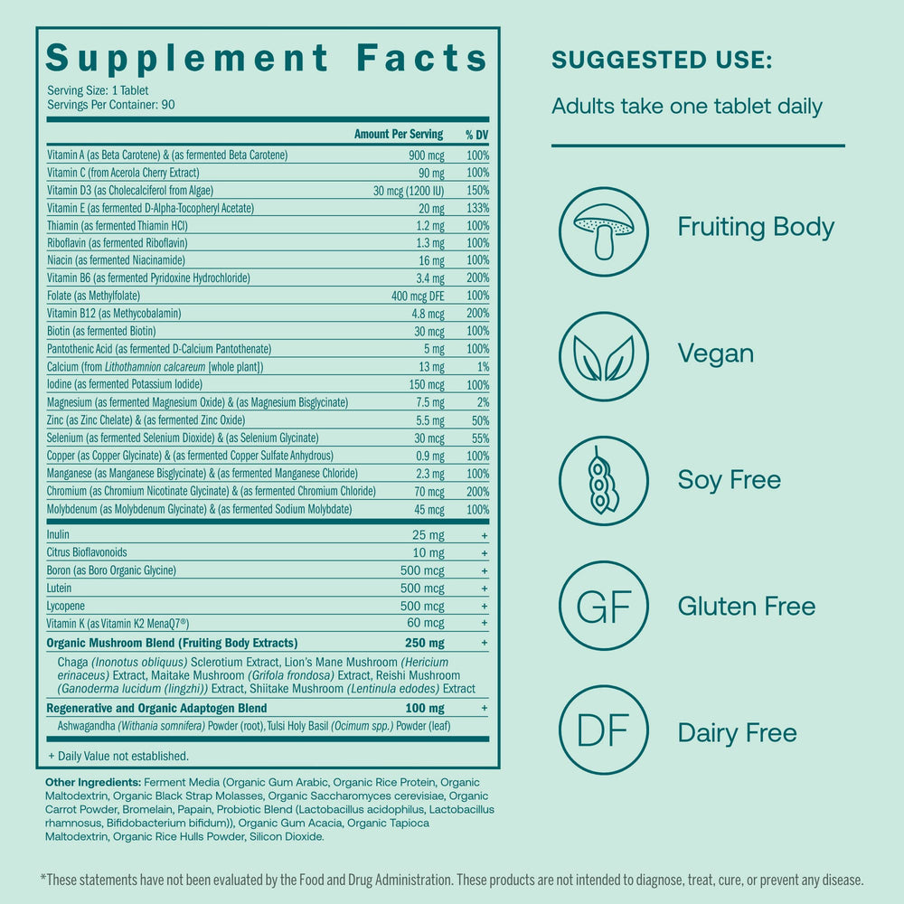 Men's 40+ One Daily Multivitamin Fermented Minerals, Organic Adaptogens & Mushrooms Whole Body Balance Immune, Endurance, Bone & Heart Support Supplement - Non-GMO - 90 Vegetarian Tablets