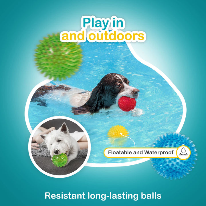 3.5” Spikey Dog Balls (4 Pack) Squeaky Dog Toys | Cleans Teeth for Healthier Gums | Non-Toxic BPA-Free for Aggressive Chewers | Spikey Balls in Red, Blue, Yellow, and Green