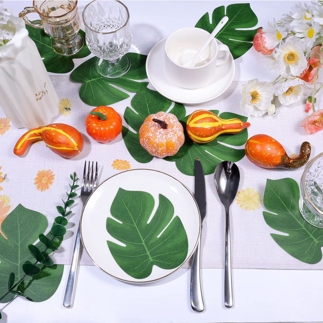 24 Pcs 8 Inch Artificial Palm Leaves, Tropical Faux Leaves Green Faux Monstera Leaves for Hawaiian Luau Jungle Party Safari Birthday Table Decorations (M)