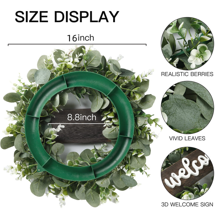 16in Artificial Eucalyptus Wreath with Welcome Sign Green Eucalyptus Leaf Wreath Greenery Wreath Round Leaves Wreath for Front Door Wall Window Festival Farmhouse Porch Patio Garden Decor