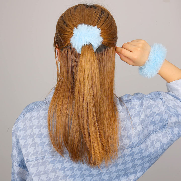 2Pcs Faux Fur Hair Scrunchies, Furry Hair Pom Poms Elastic Hair Ties for Girls (Blue)