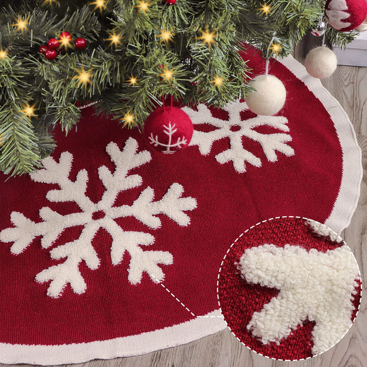 Knitted Christmas Tree Skirt, 48 Inches Knitted Christmas Decorations, Wine Red Heavy Yarn Xmas Holiday Decoration with White Snowflakes, Burgundy and Cream