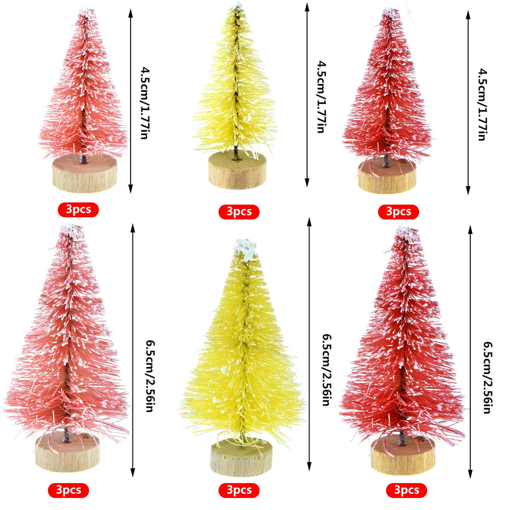 51Pcs Pine Trees Artificial Trees with Wood Base Sisal Bottle Brush Trees Assorted Color and Deer Boxes Winter Snow Ornaments for Christmas Decoration