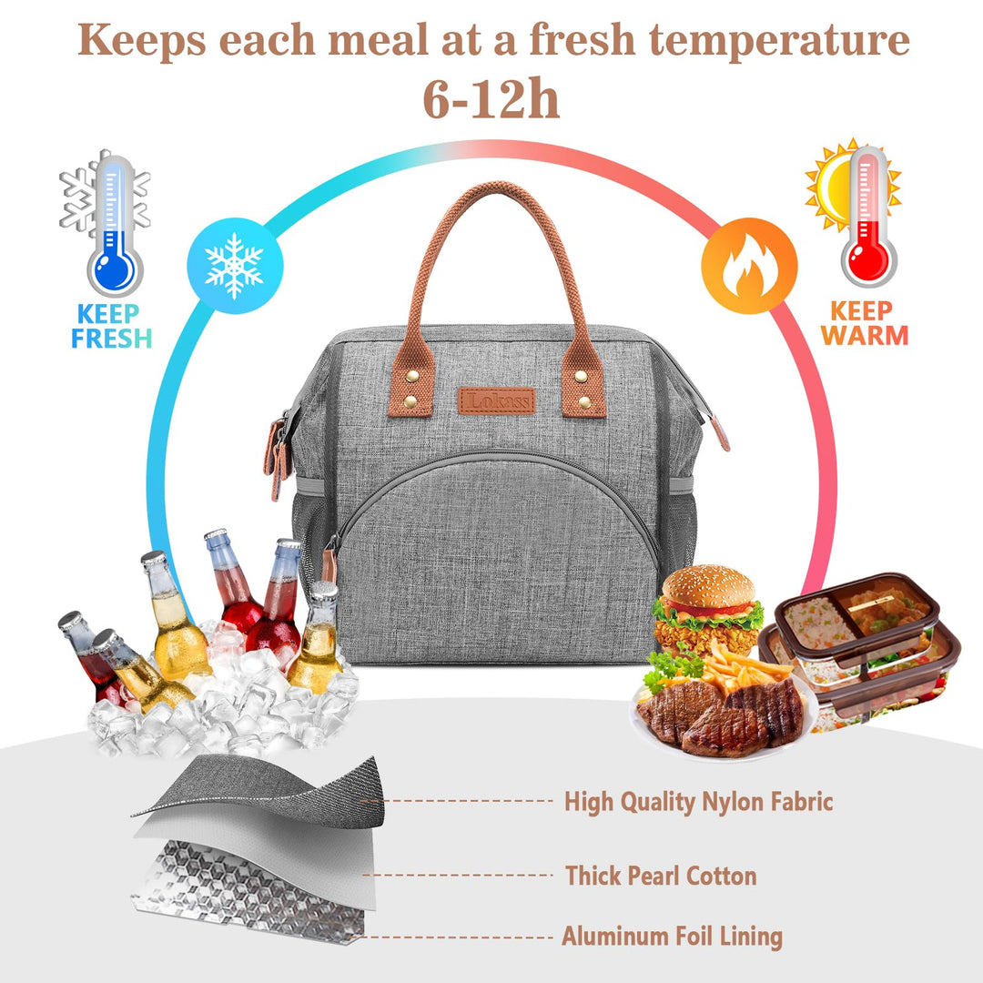 Lunch Bag Women Insulated Lunch Box Wide-Open Lunch Tote Bag Large Drinks Holder Durable Nylon Thermal Snacks Organizer for Men Adults Work Picnic Hiking Beach Fishing,Grey