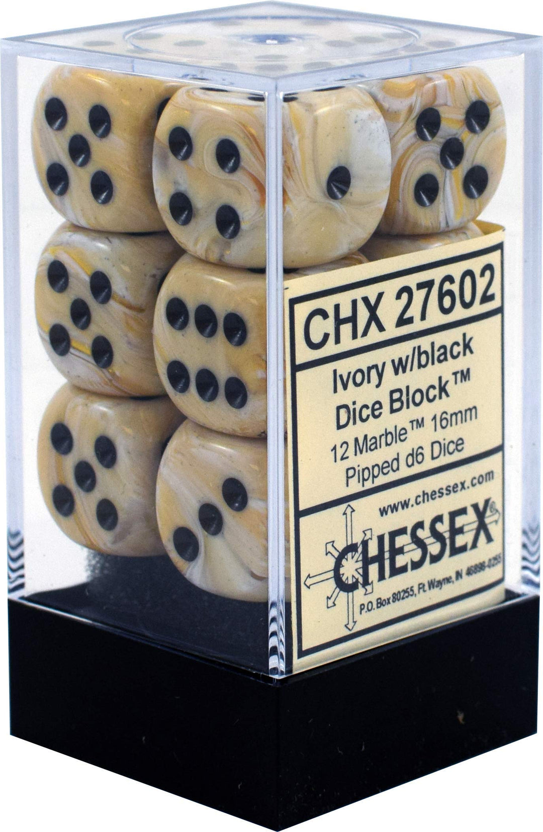 Chessex Dice d6 Sets: Marble Ivory with Black - 16mm Si