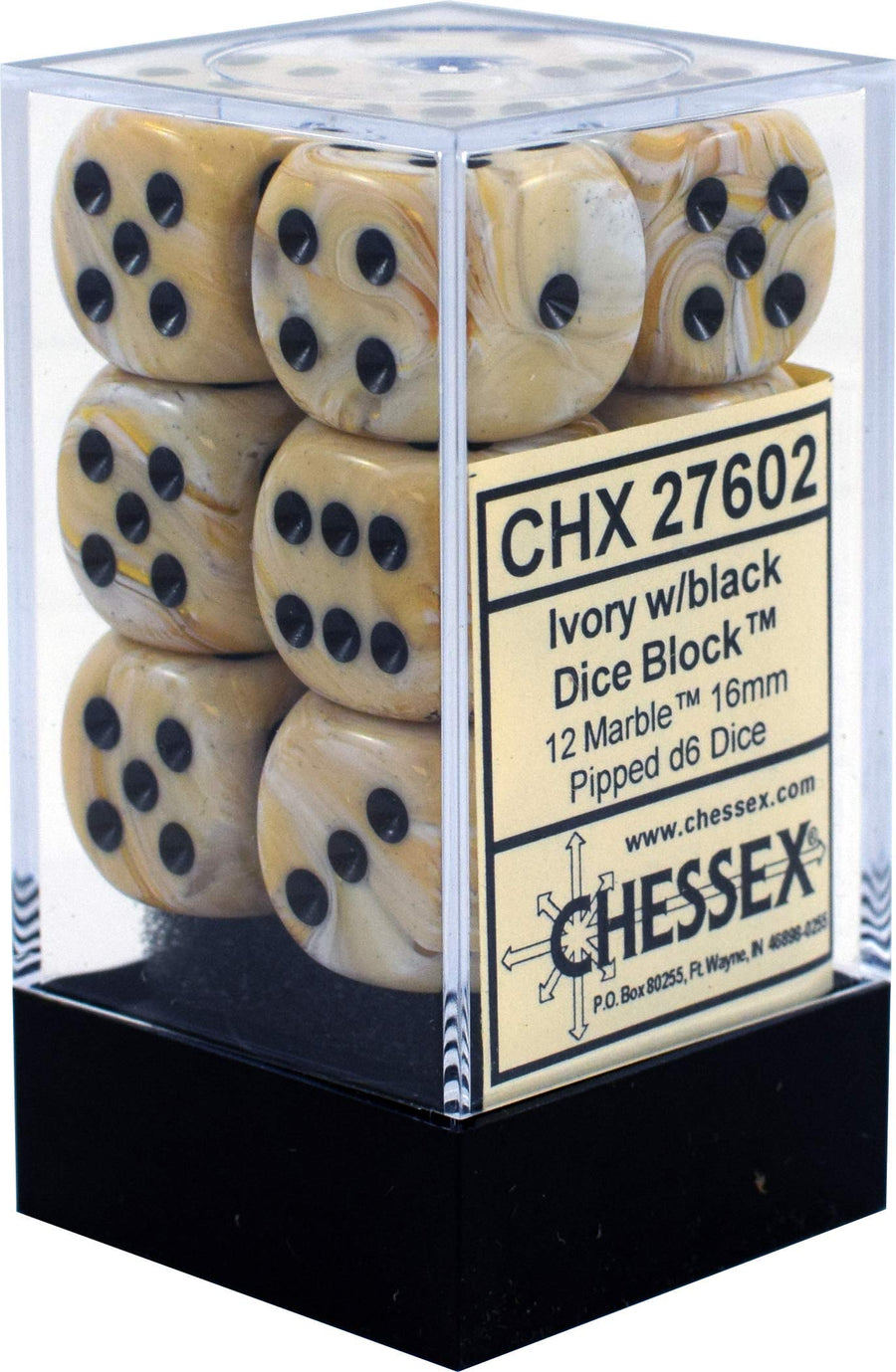 Chessex Dice d6 Sets: Marble Ivory with Black - 16mm Si