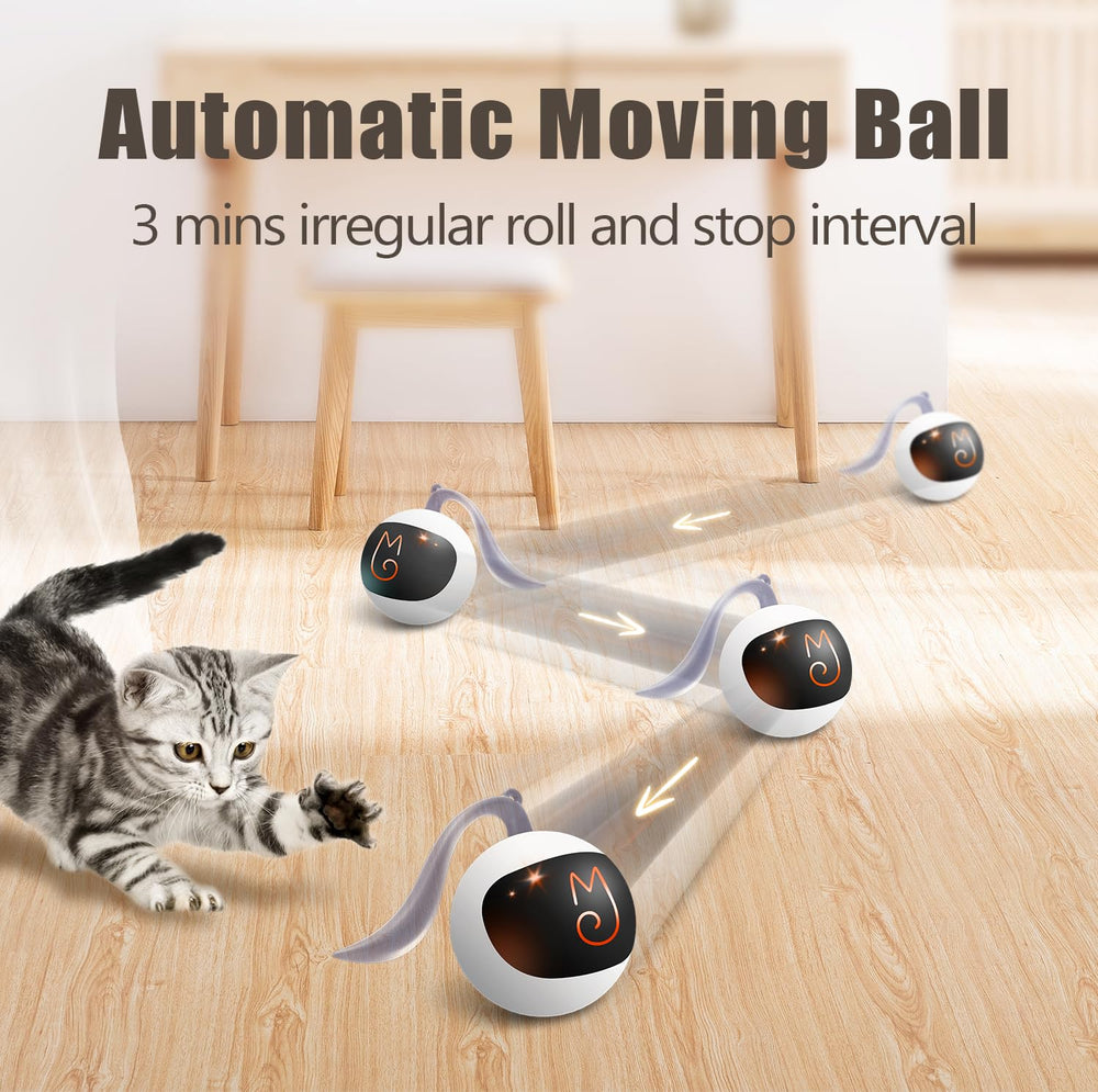 Interactive Cat Ball Toy Set, Fun Tracker, Automatic Rolling Chase Ball with Fluffy Tail, A Small Mice, Rechargeable(White)