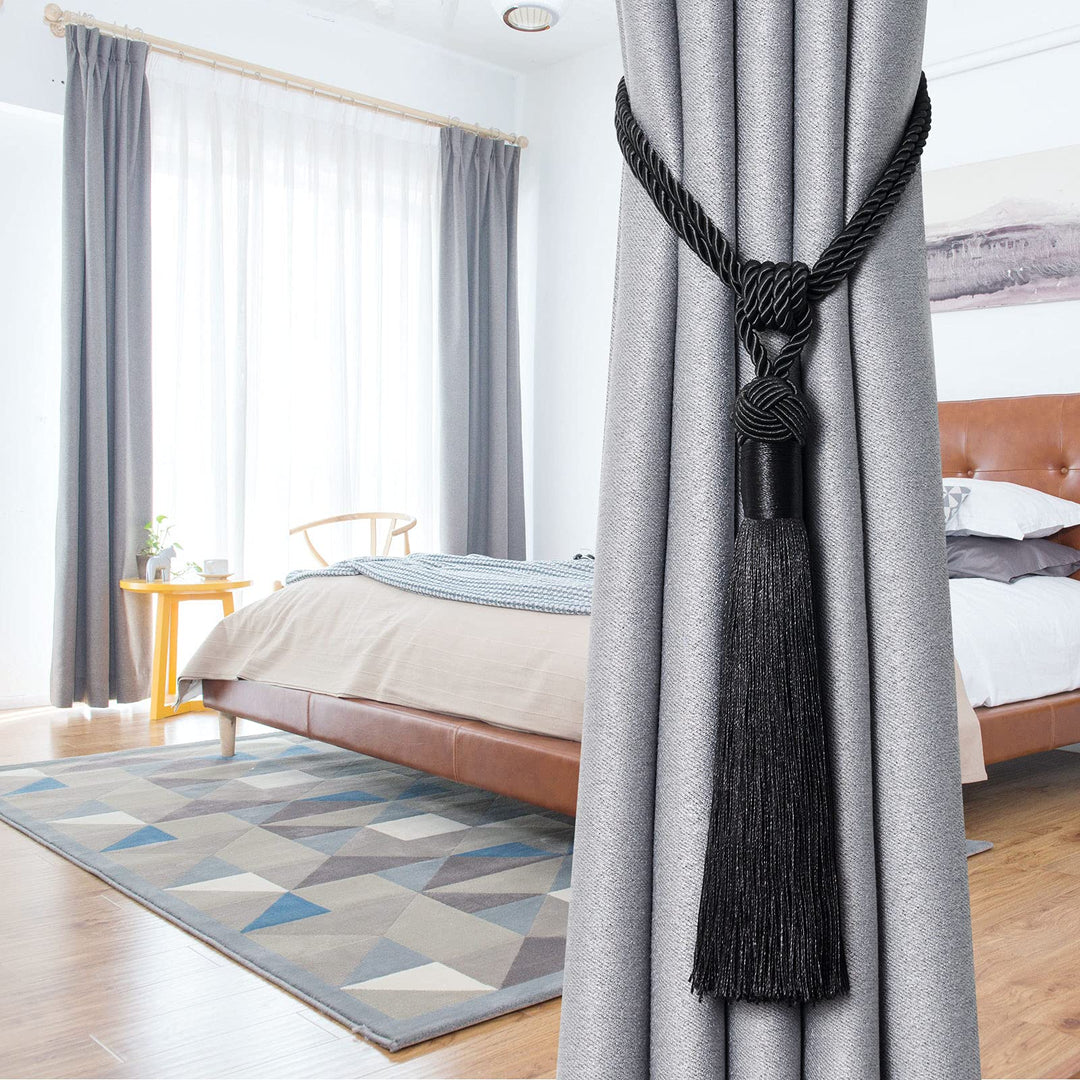2 Pack Long Tassel Curtain Tiebacks Handmade Braided Rope Knot Drape Tie Backs European Style Decorative Curtain Holdbacks for Home &amp; Office Window Drapery (Black)