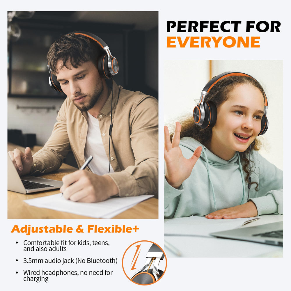 Kids Headphones, Headphones Wired with Microphone and Volume Control Folding Stereo Corded On-Ear 3.5mm Headset for Boys Girl Cellphones Tablets Chromebook Laptop Computer (Black/Orange)