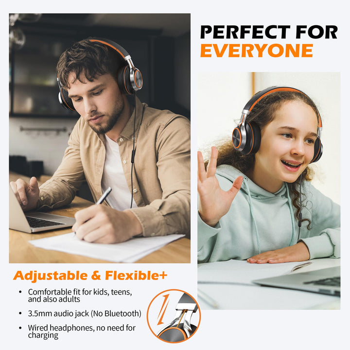 Kids Headphones, Headphones Wired with Microphone and Volume Control Folding Stereo Corded On-Ear 3.5mm Headset for Boys Girl Cellphones Tablets Chromebook Laptop Computer (Black/Orange)