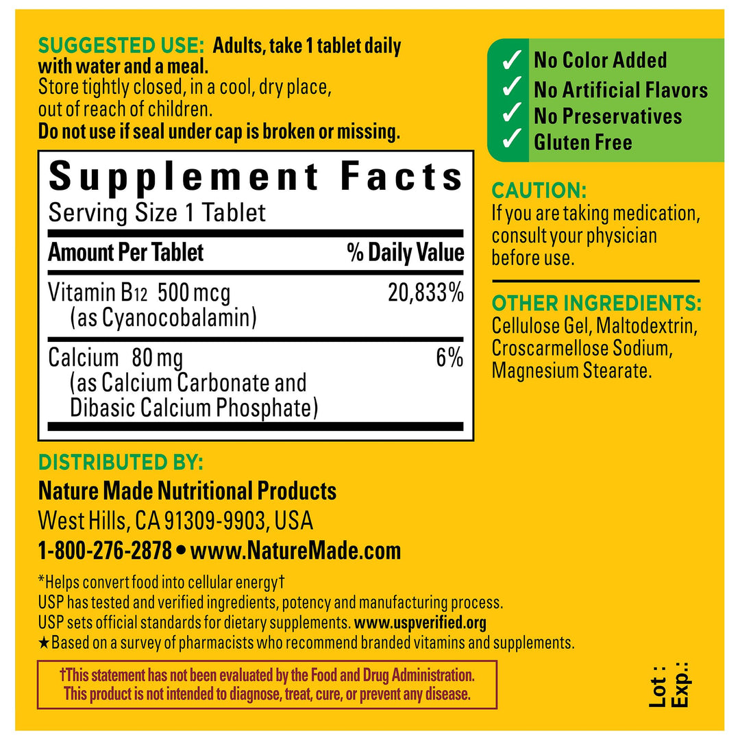 Vitamin B12 500 mcg, Dietary Supplement for Energy Metabolism Support, 200 Tablets, 200 Day Supply