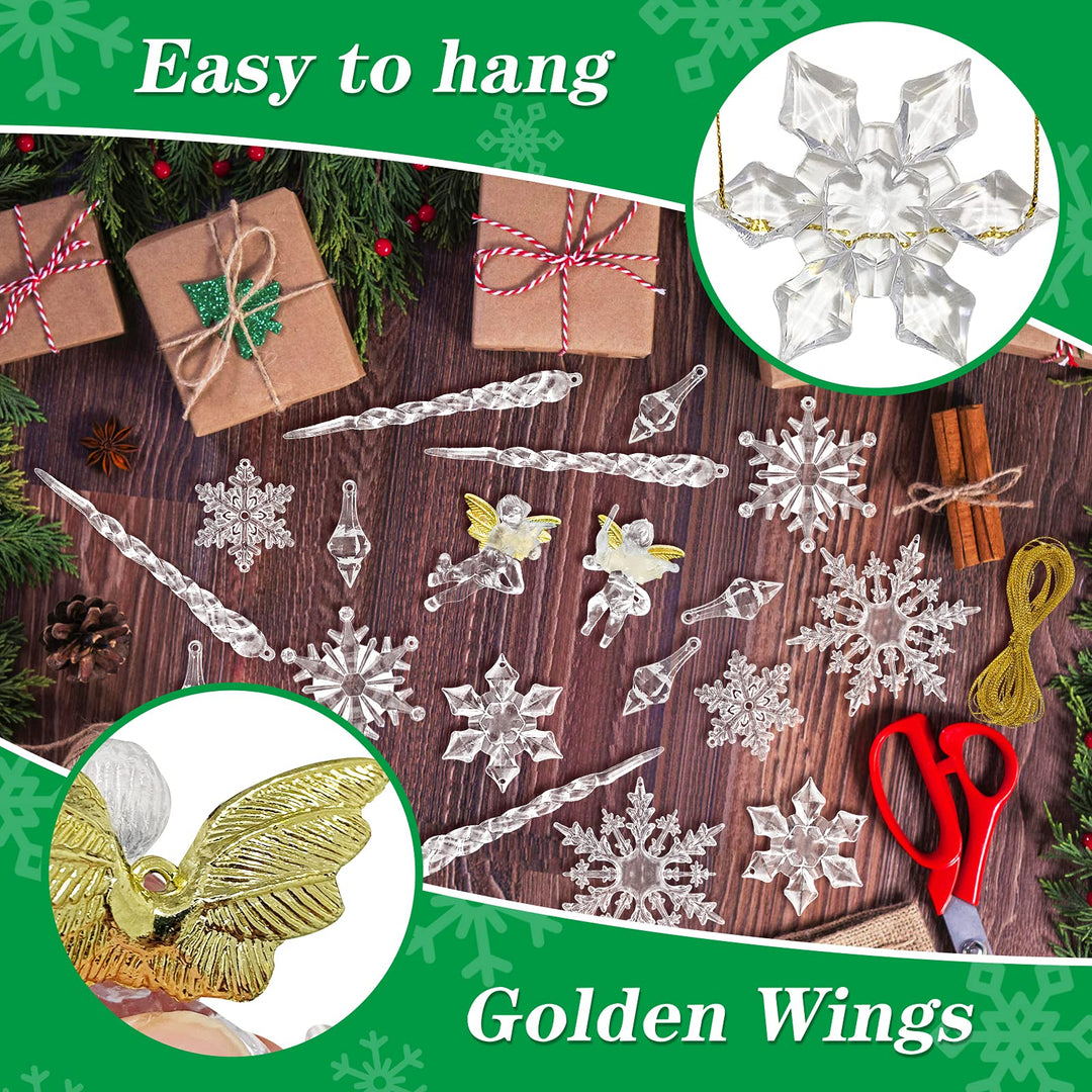 52pcs Icicles Ornaments Set, Clear Snowflake Acrylic Christmas Icicle Ornaments Angel Ornament for Christmas Tree, Christmas Party Decorations