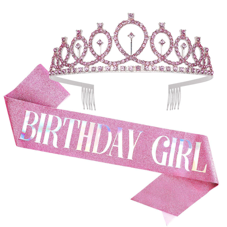 Birthday Crown, Birthday Girl Sash & Rhinestone Tiara Kit,Pink Crown,Tiaras and Crowns for Women Girls,Birthday Party Prom Costume Supplies Favors,Birthday Decorations Set Gift