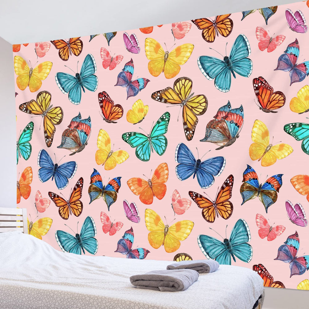 Butterfly Tapestry Colorful Butterflies Moth Tapestry Wall Hanging Rustic Insect on Pink Background Aesthetic Art Tapestry for Girls Bedroom Living Room Dorm Home Decor, 60Wx40H Inches