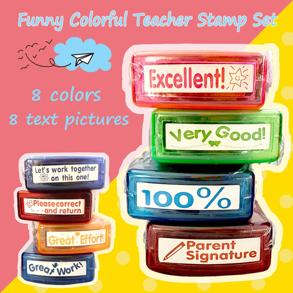 Rectangular Teacher Stamps for Grading Classroom,Parent Signature Teacher Self-Inking Set Stamps for Homework Teacher Supplies with 8 pcs