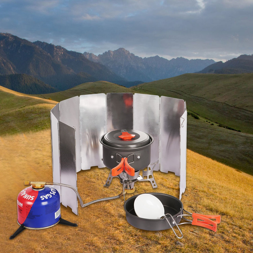 Folding Outdoor Stove Windscreen, 10 Plates Aluminum Camping Stove Windshield with Carrying bag, Lightweight Butane Burner Windshield