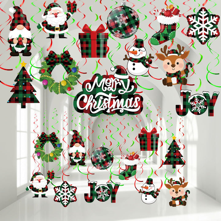 30 Pieces Christmas Hanging Foil Swirl Decorations Set Xmas Holiday Snowman Elk Sign Hanging Swirls Ceiling Decorations for Indoor Outdoor Happy Christmas Holiday Party Decor (Red, Black)