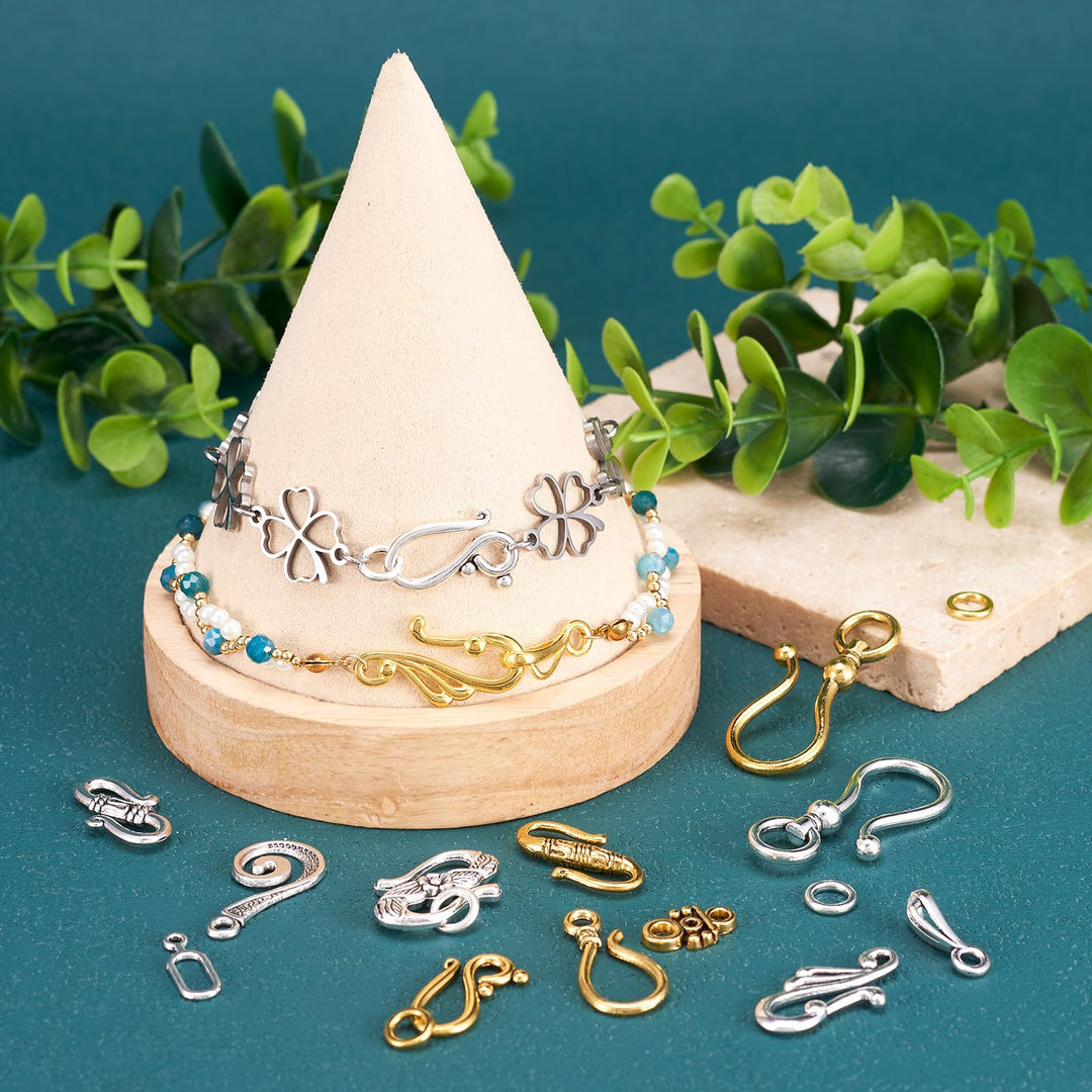 60 Sets 8 Styles Tibetan S Hook Ring Toggle Clasps End Clasps Connectors for Bracelet Jewelry Making