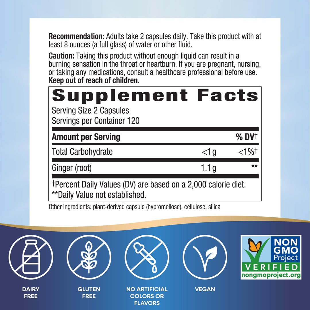 Nature&#39;s Way Ginger Root, Promotes Digestive Comfort*, 1,100 mg Per 2-capsule Serving, Non-GMO Project Verified, Vegan, 240 Capsules (Packaging May Vary)