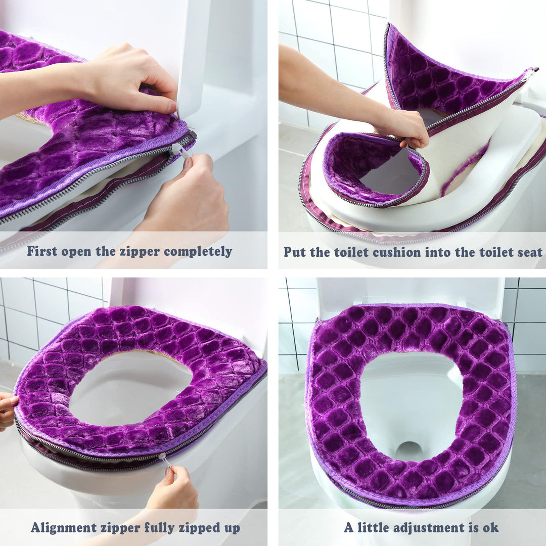 Toilet Seat Covers for Bathroom 2 Pieces Toilet Seat Cushion Cover Soft Thicker Warmer Washable Warm Toilet Seat Cover Pad Fabric Fluffy Toilet Seat Cover with Zipper (Plush)