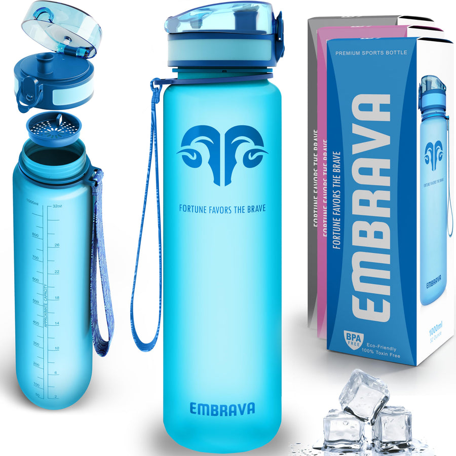 Best Sports Water Bottle - 32oz - Spill Proof & Lightweight - Perfect for Fitness & Outdoor Activities - Reusable Plastic - Narrow Mouth, Quart Sized - One-Click Water Bottle - Blue