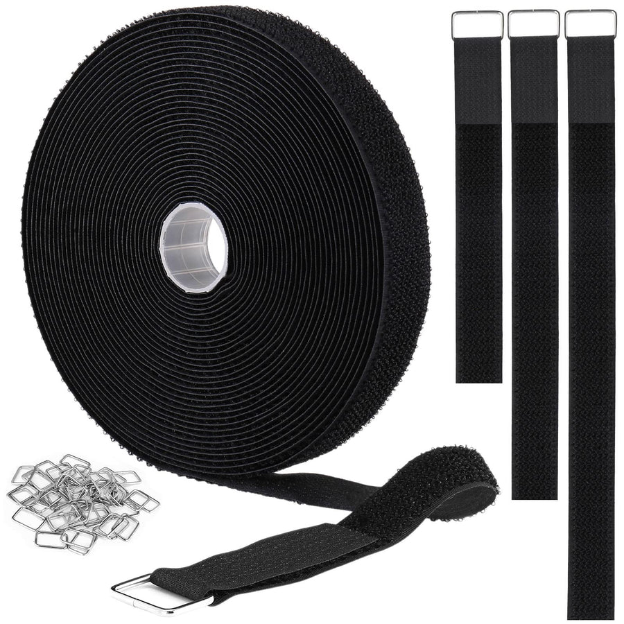 1x32ft Hook and Loop Straps with 50 Metal Buckles, Adjustable Fastening Cable Straps, Cut-to-Length Cinch Strap, Reusable Nylon Securing Cord Ties for Organizer or Storage, 1 inch Wide, Black